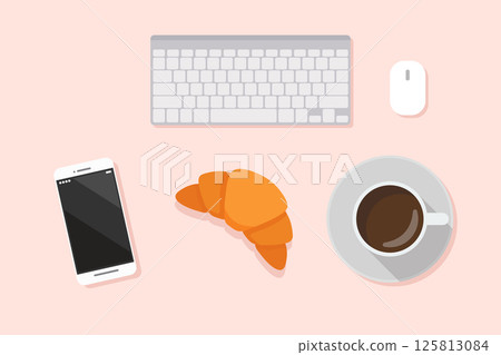 Cup of coffee drink with croissant and phone. Top view. Self office. 125813084