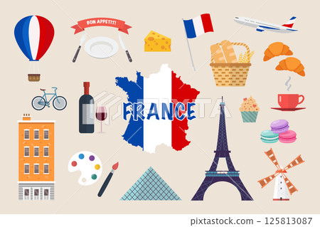 Simple and cute illustration set related to france. 125813087