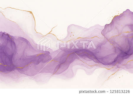 紫色和金色抽像水彩藝術背景（酒精墨水風格） 125813226