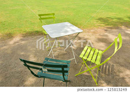 Tenjin Central Park, ACROS Fukuoka, tables and chairs, lawn area 125813249