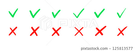 Check the mark icon set. Hand drawn doodle checklist correct, cross, ok vote sign element. Hand drawn brush stroke check mark with box, circle symbol icon set. Vector 125813577