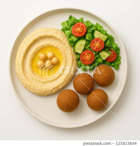 Hummus with olive oil and chickpeas, falafel balls, fresh lettuce, cucumber, and cherry tomato salad on white plate Hummus with olive oil and chickpeas, falafel balls, fresh lettuce, cucumber, and cherry tomato salad on white plate 125813684