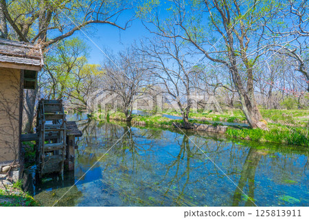 Clear waters of the Tade River and watermill in Azumino, Nagano Prefecture Clear waters of the Tade River and watermill in Azumino, Nagano Prefecture 125813911