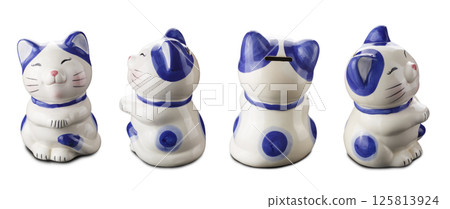 blue and white cat piggy bank isolated in a white background blue and white cat piggy bank isolated in a white background 125813924