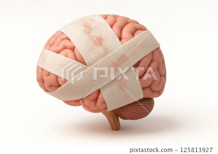 Injured brain model with gauze wrapping on white background 125813927