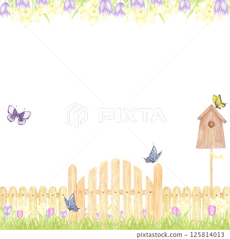 Hand drawn watercolor garden frame border with fence flowers and butterflies isolated on white background. Can be used for postcard, label, scrapbook and other printed products. Hand drawn watercolor garden frame border with fence flowers and butterflies isolated on white background. Can be used for postcard, label, scrapbook and other printed products. 125814013