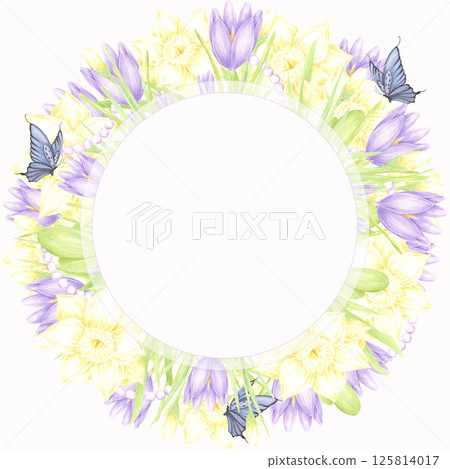 Hand drawn watercolor daffodil and crocus with butterflies and pearls wreath frame border isolated on white background. Can be used for postcard, invitation, scrapbook and other printed products. Hand drawn watercolor daffodil and crocus with butterflies and pearls wreath frame border isolated on white background. Can be used for postcard, invitation, scrapbook and other printed products. 125814017
