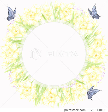 Hand drawn watercolor daffodil with green leaves butterflies and pearls wreath frame border isolated on white background. Can be used for postcard, invitation, scrapbook and other printed products. Hand drawn watercolor daffodil with green leaves butterflies and pearls wreath frame border isolated on white background. Can be used for postcard, invitation, scrapbook and other printed products. 125814018
