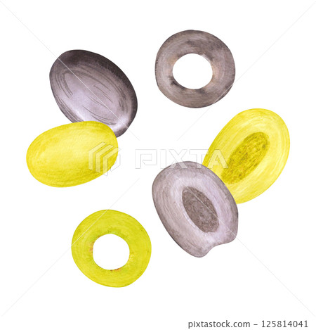 Hand drawn watercolor olives composition. Illustration of food isolated on white background. Can be used for label, card, scrapbook and other printed products. Hand drawn watercolor olives composition. Illustration of food isolated on white background. Can be used for label, card, scrapbook and other printed products. 125814041