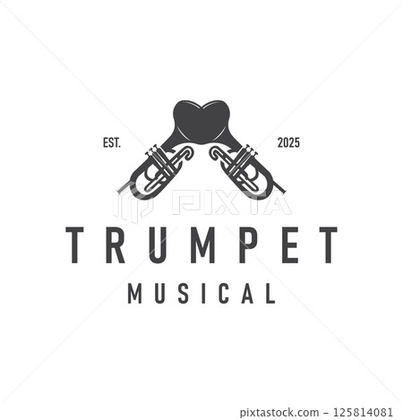 minimalist music trumpet logo design with old vintage concept black silhouette of musical instrument as symbol template 125814081