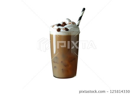 Refreshing iced coffee beverage with cream and dark roasted beans, isolated on white 125814330