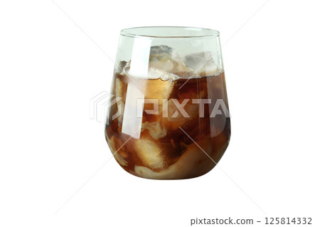 Chilled coffee beverage with ice visible in a clear glass, isolated on white 125814332