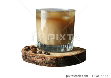 Iced coffee drink with ice cubes on a rustic wood slice, isolated on white Iced coffee drink with ice cubes on a rustic wood slice, isolated on white 125814333