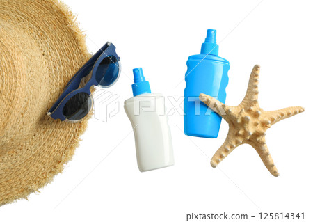 Sunscreen, straw hat, and sunglasses ready for travel, isolated on white 125814341