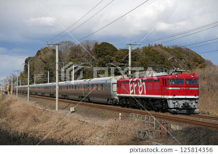 The Cassiopeia Travelogue train, hauled by the EF81 95, ascends the Joban Line on February 22, 2025. 125814356