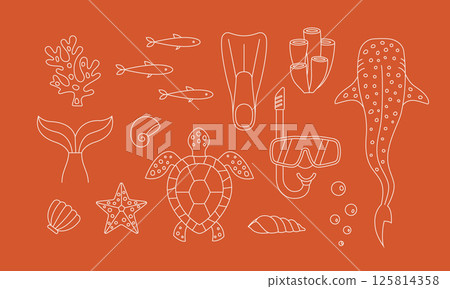 Freediving, scuba with whale shark, turtle, fish. Line vector underwater life, cute illustrations for logo, merch, travel sticker. 125814358