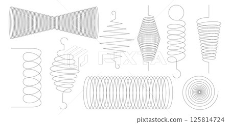 Abstract line icons with spring spiral and coil elements suitable for contemporary designs packaging stationery invitations logos web templates and versatile creative uses Abstract line icons with spring spiral and coil elements suitable for contemporary designs packaging stationery invitations logos web templates and versatile creative uses 125814724