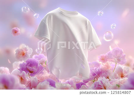 A clean white T-shirt with a background of bubbles and flowers. Image cut for advertising laundry detergent and fabric softener 125814807