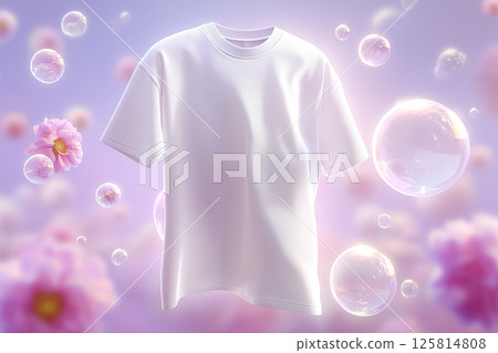 A clean white T-shirt with a background of bubbles and flowers. Image cut for advertising laundry detergent and fabric softener 125814808