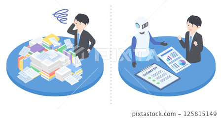 一名男子正努力處理大量文件，另一名男子則樂於讓人工智慧總結這些文件 125815149