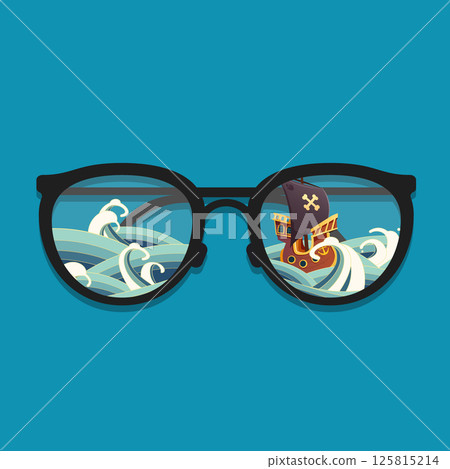 Creative Travel Ad Concept with Pirate Ship Reflected in Glasses Creative Travel Ad Concept with Pirate Ship Reflected in Glasses 125815214