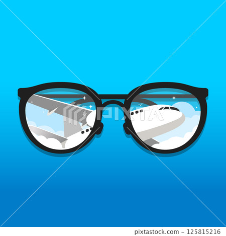 Travel in Sight. Airplane Reflected in Sunglasses Travel in Sight. Airplane Reflected in Sunglasses 125815216