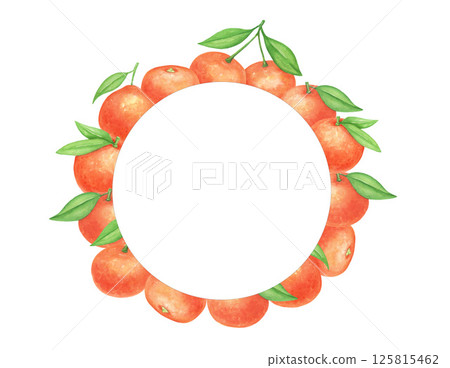 Citrus fruits watercolor round frame isolated on white background. Tangerines, oranges with leaves 125815462