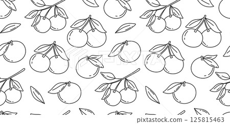Seamless pattern with hand drawn sketch of tangerine or orange fruit with leaves. Vector isolated illustrations on white. Engraved style. 125815463