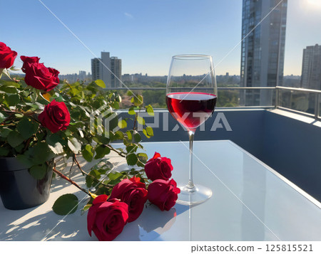 Wine glasses and rose flowers 125815521