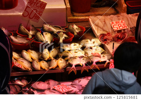 Fish sold at a market in North Point of Hong Kong Island. Many fish are unfamiliar in Japan Fish sold at a market in North Point of Hong Kong Island. Many fish are unfamiliar in Japan 125815681