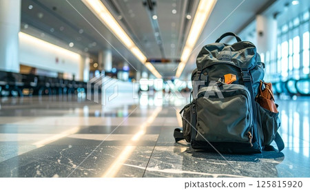 Airport lobby with backpack and Boston bag 125815920
