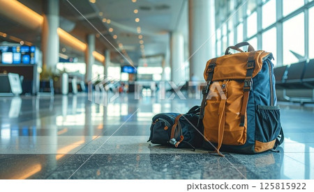 機場大廳有背包和波士頓包 125815922