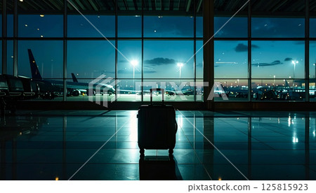 Night airport and silhouette of carry-on bags 125815923