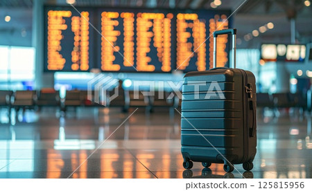 Departure information and bags displayed on airport monitors 125815956