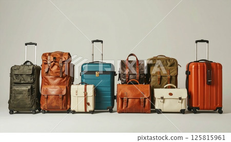 A diverse collection of travel bags lined up 125815961