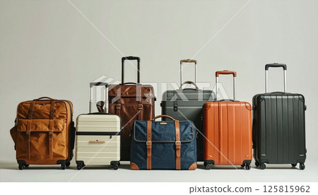 A diverse collection of travel bags lined up 125815962