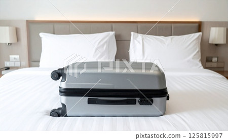 Open travel bag on a hotel bed Open travel bag on a hotel bed 125815997