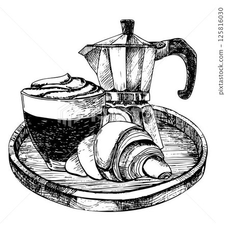 cappuchino, croissant, geyser coffeemaker on tray 125816030