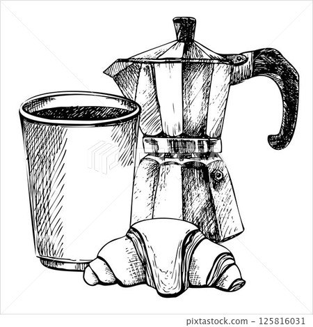geyser coffeemaker, croissant, cup of coffee 125816031