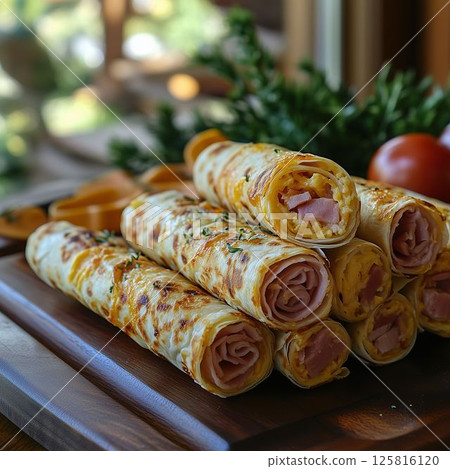 Hot and Cheesy Ham Wraps on Plate 125816120