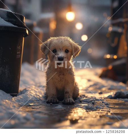Praying Stray Puppy Under Streetlight 125816208