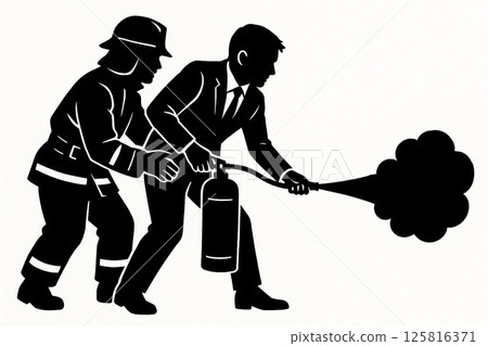 Firefighters and office workers training for firefighting 125816371