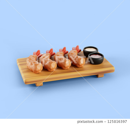 3d shrimp tempura on wooden plate render. Japanese cuisine dish from seafood. King prawn in batter, deep fried with crispy breading and sauce in bowl. Asian food icon, restaurant menu. 3D illustration 3d shrimp tempura on wooden plate render. Japanese cuisine dish from seafood. King prawn in batter, deep fried with crispy breading and sauce in bowl. Asian food icon, restaurant menu. 3D illustration 125816397