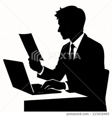 一位商人在辦公室檢查文件的剪影 125816465