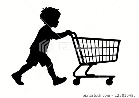 Silhouette of a cheerful boy pushing a shopping cart 125816483