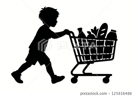 Silhouette of a boy pushing a shopping cart with items 125816486