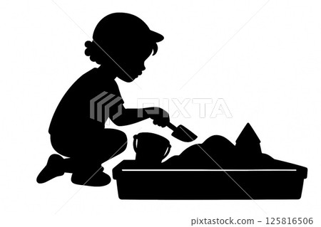 一個孩子在沙箱玩耍的剪影 125816506