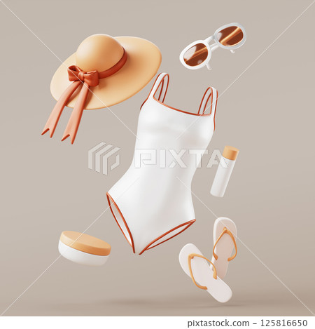 3d beach vacation stuff - swimsuit, hat, sunglasses, shoes and sunscreen bottle for women luggage. Summer travel girl accessories set. Tropical holiday female fashion clothes render. 3D illustration 125816650