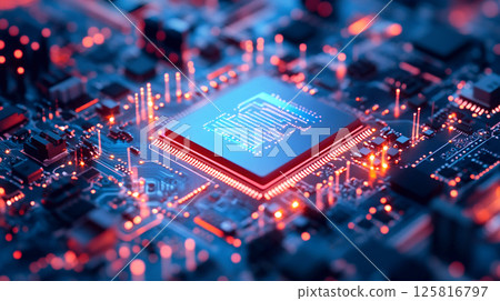 Close-up of a microchip on a computer circuit board, showcasing the intricate details of the electronic chipset 125816797