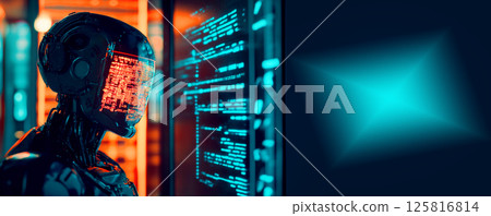 Blue banner featuring a futuristic robot with AI elements, designed to highlight data-related content with ample copy space for messaging 125816814